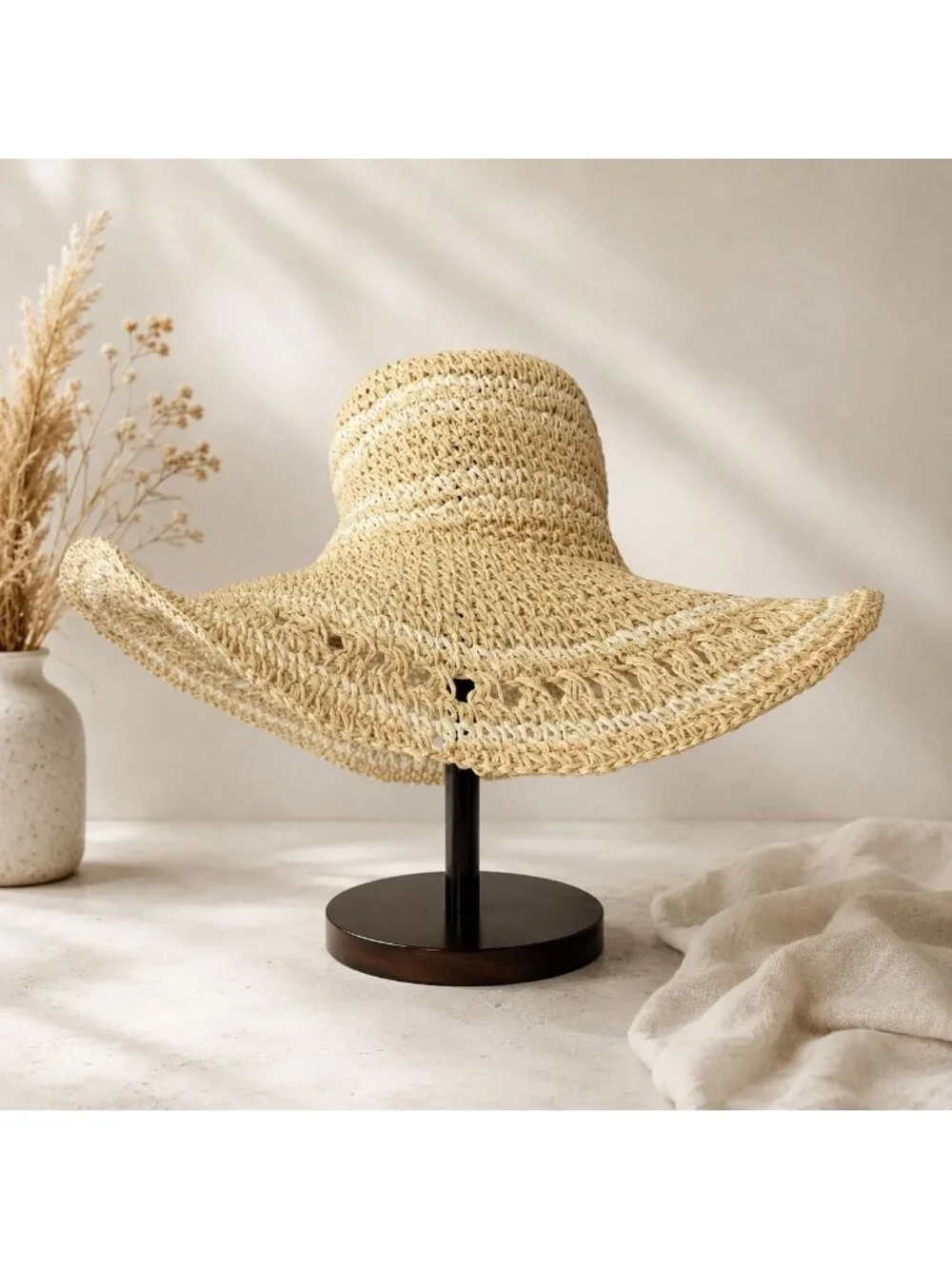 Summer Festival Sun Hat Open Weave Floppy Wide Brim Boho Beach Straw Travel
